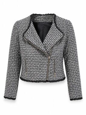 J Crew Womens Size 4 Black White Tweed Moto Jacket Fringe Trim Gold Zip blazer